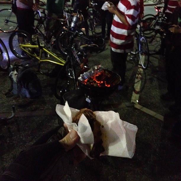 Delicious bike-barbecued chicken wing at East Bay Bike Party (Where's Waldo theme)