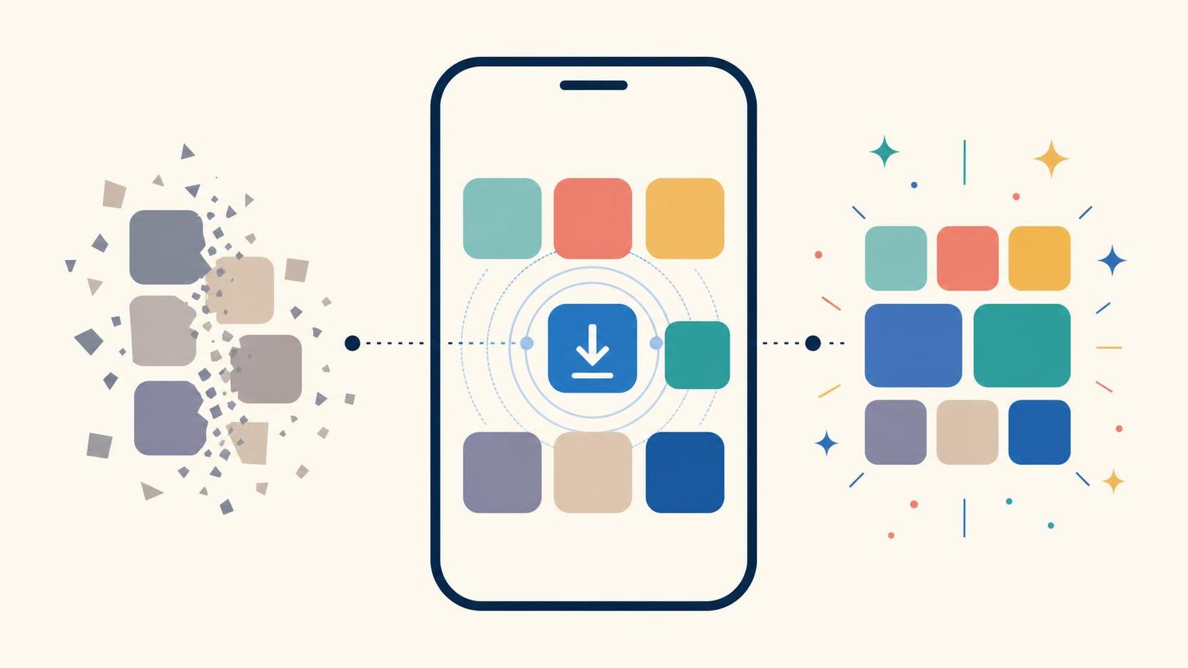 Flat illustration of iPhone apps recovering after a new App Store download