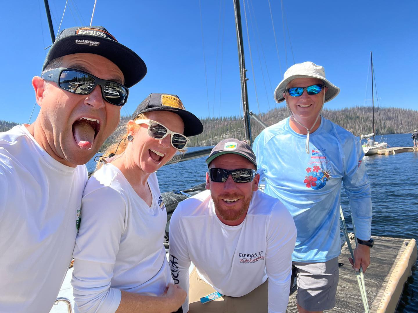 Lovely racing with my awesome wife  plus Eric and Conrad on his boat Topper II for 2023 Moore 24 Nationals on Huntington Lake. Starting Day 2 now!