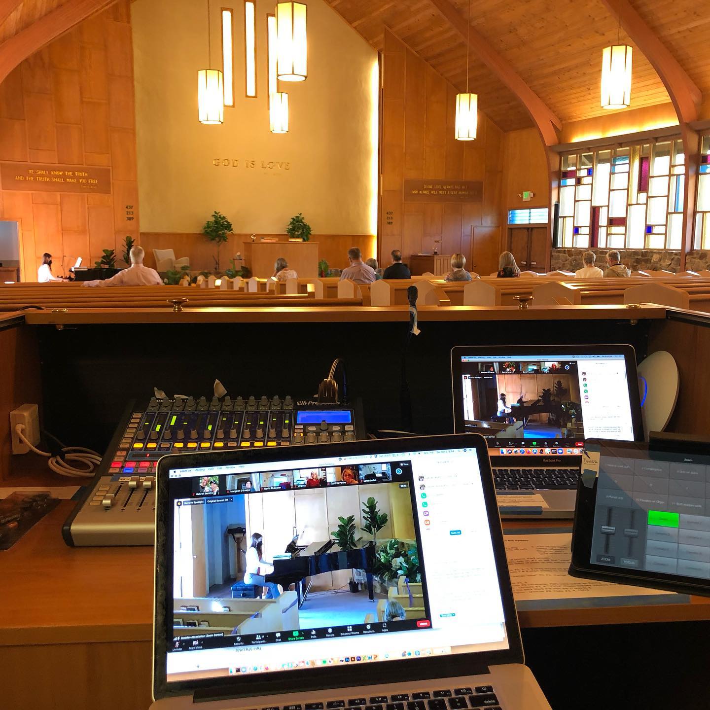 My office this morning – Zoom techi for the Gladden Association at the beautiful First Church of Christ, Scientist, Palo Alto