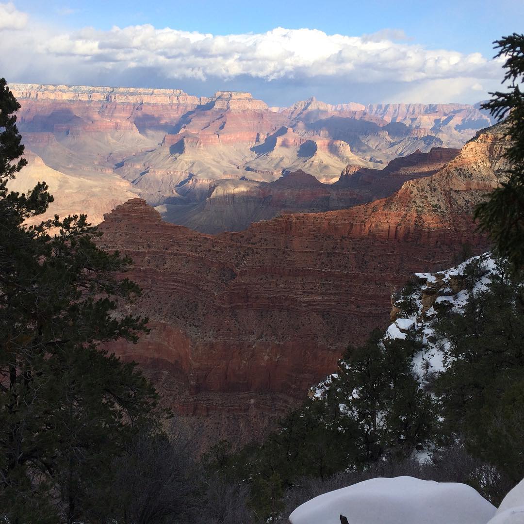 South rim of the Grand Canyon. It's snowing.
